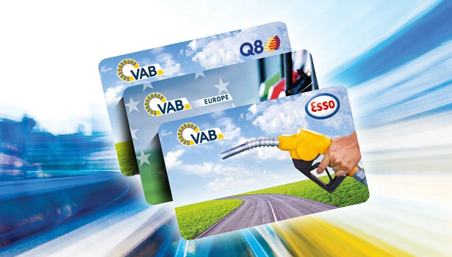 VAB-Tankkaarten voor Esso, Q8 en multimerken op een grafische achtergrond