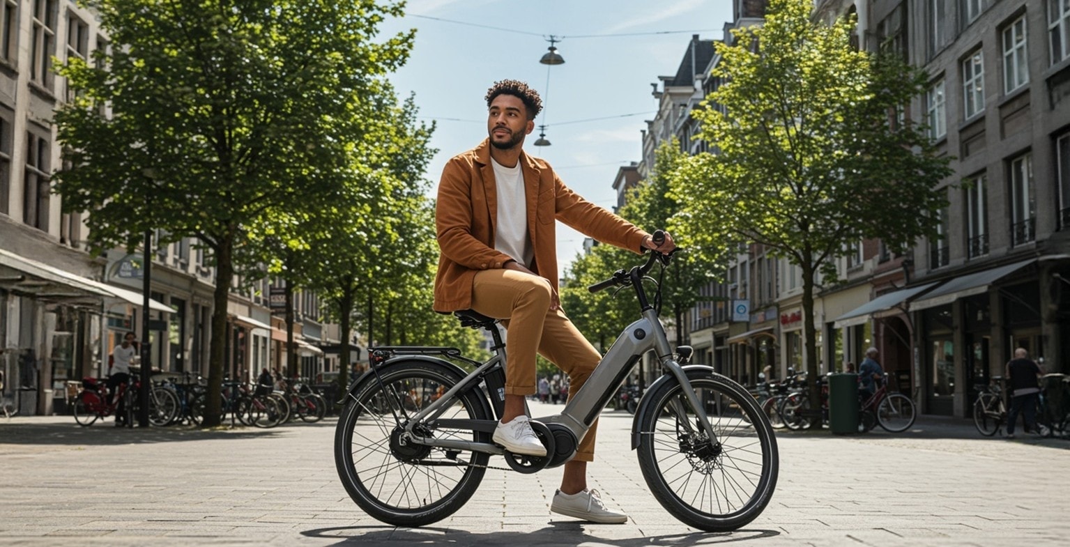 Man staat stil met zijn fiets in zonnig lenteweer