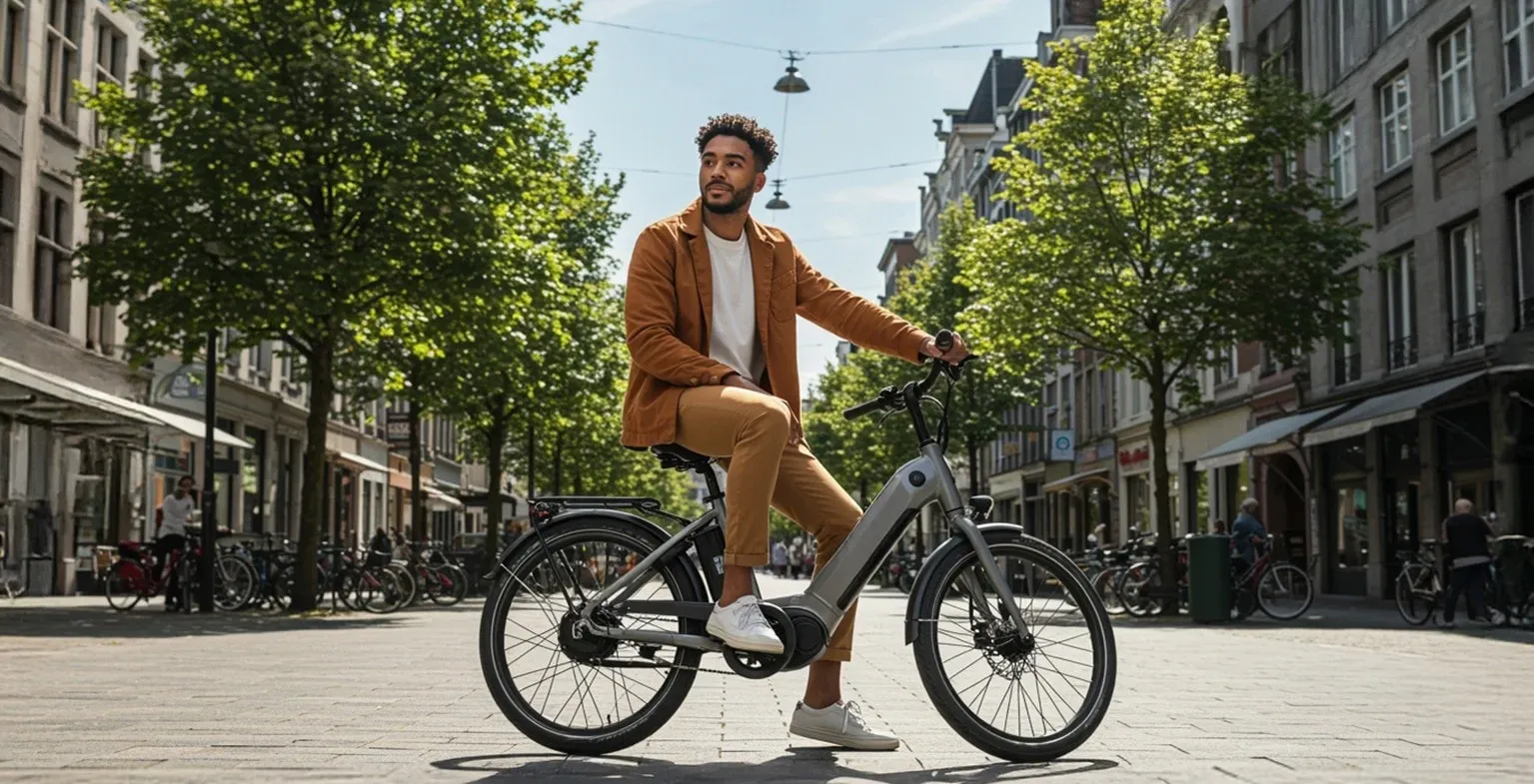 Man staat stil met zijn fiets in zonnig lenteweer