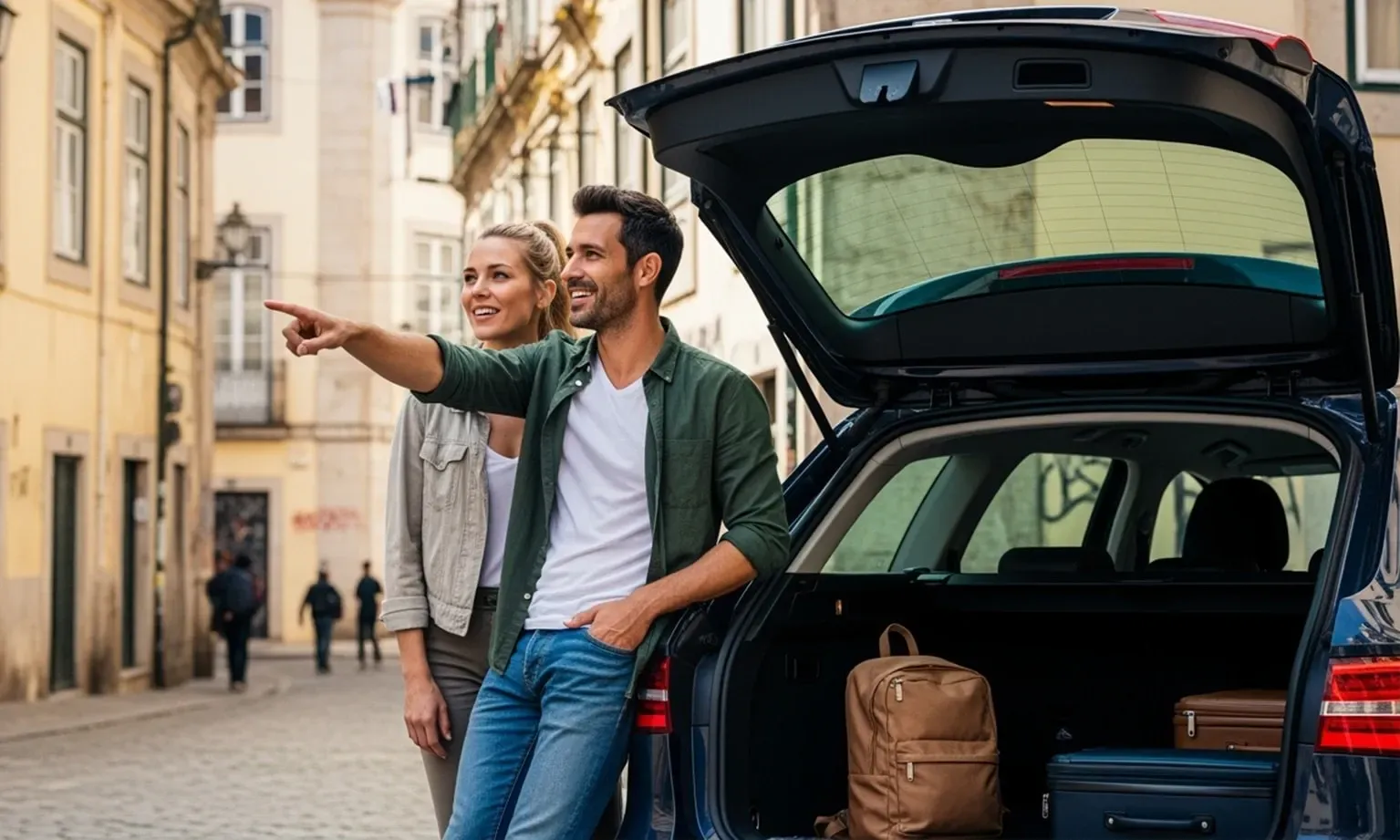 Man en vrouw naast een auto met open kofferbak op vakantie 