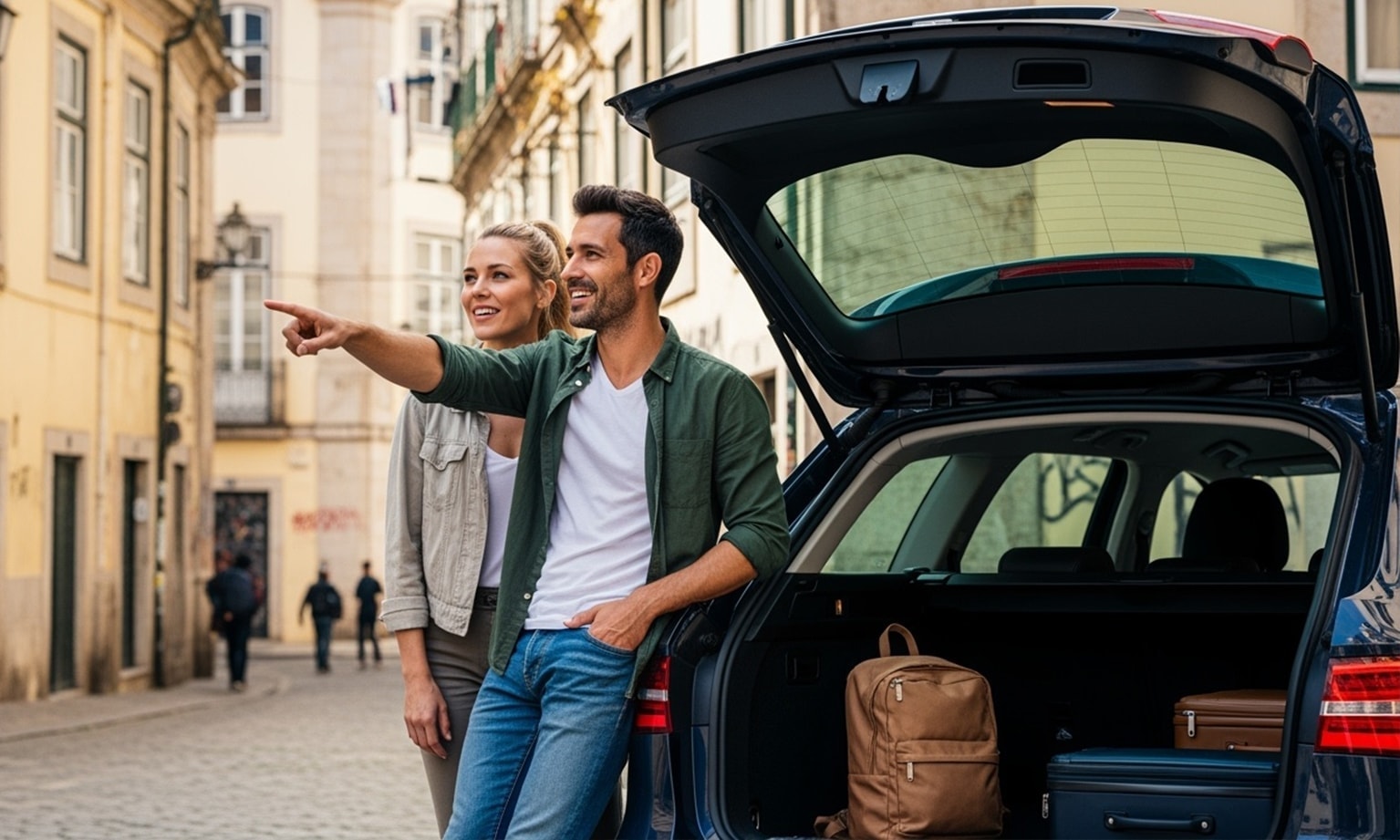 Man en vrouw naast een auto met open kofferbak op vakantie 