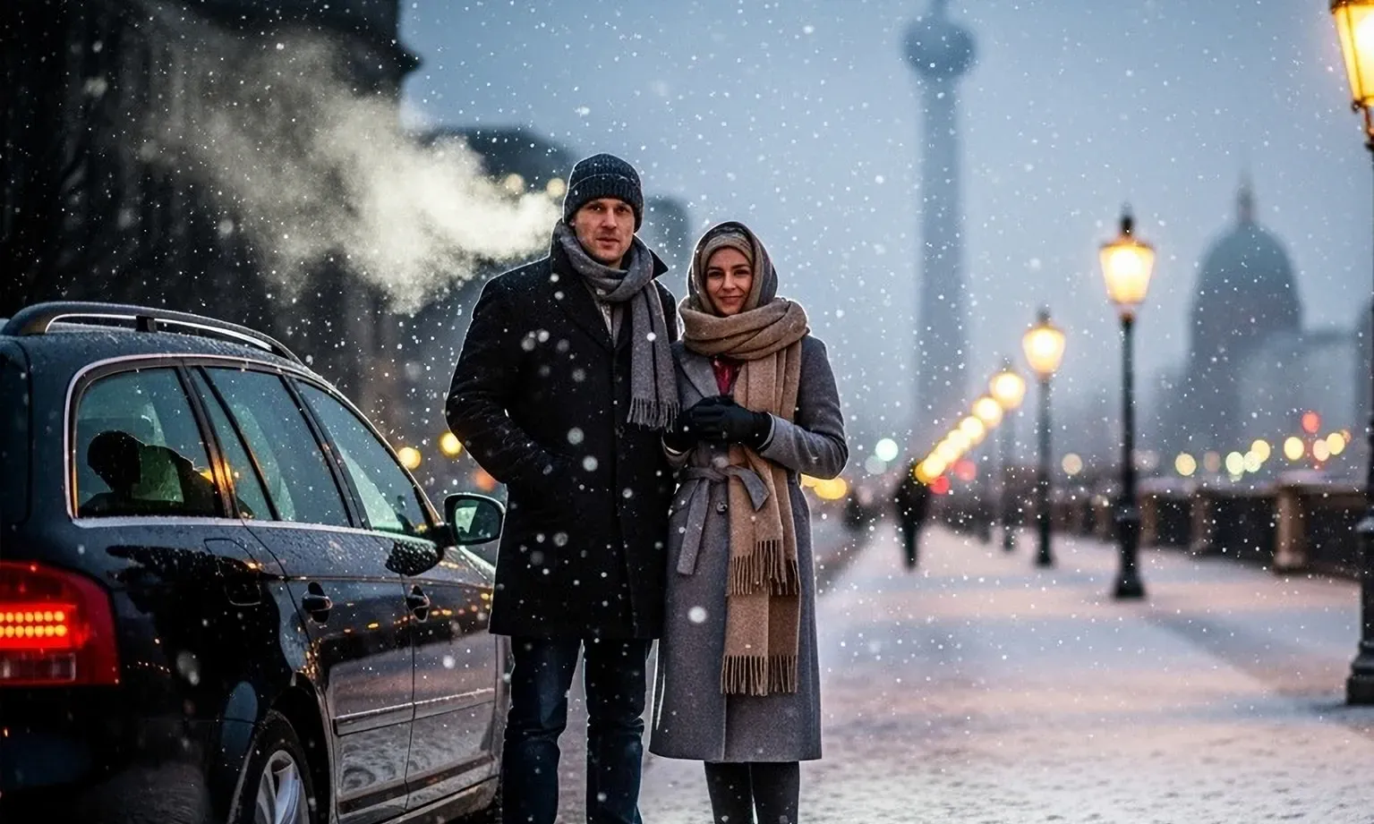 Deux personnes dans la rue à côté d'une voiture dans un décor hivernal