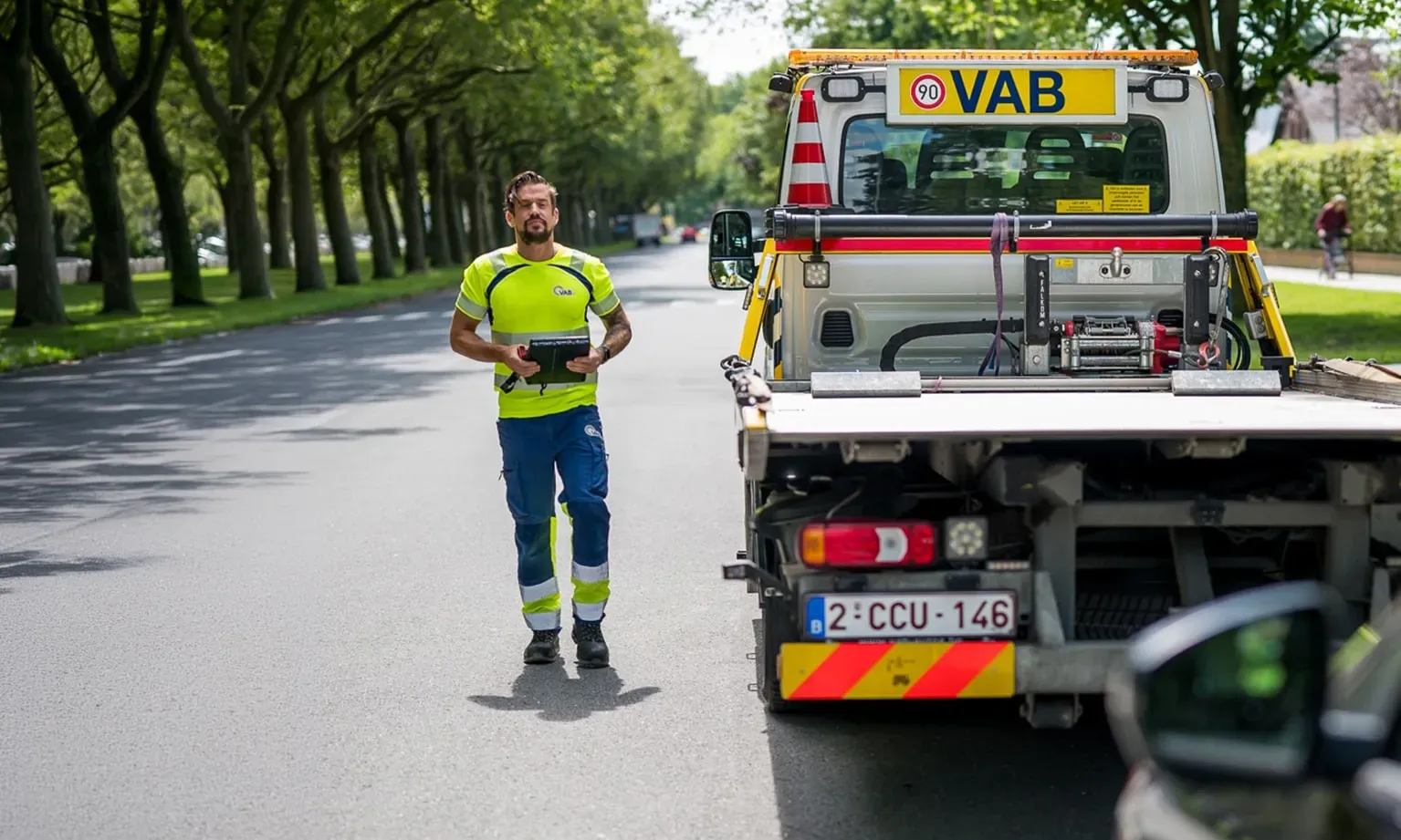 Wegenwachter met tablet loopt naast takelwagen op een met bomen omzoomde weg